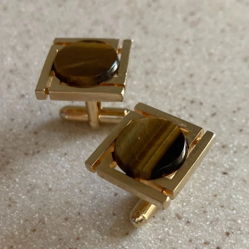 Cuff Links Gold Tone Tiger Eye Vintage